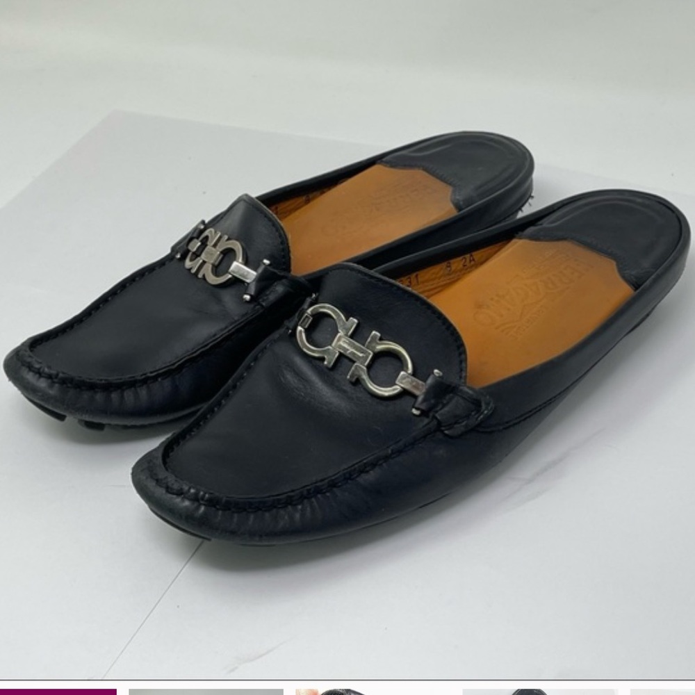 Salvatore Ferragamo Black Leather Flats with Silver Accent